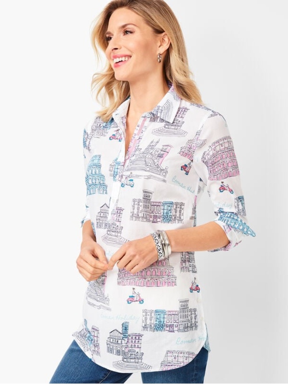 Talbots Petite Italian Roman Holiday Travel Print Button Front Cotton Shirt M